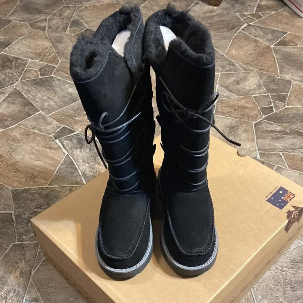 New in Box Aussie Merino Tasman Black Suede & Wool Boots Sz 4